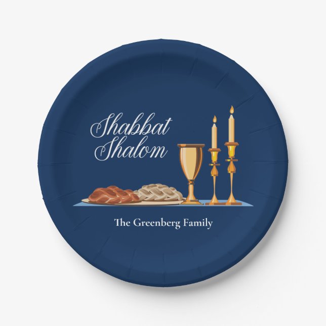 Shabbat Shalom Custom Blue Sabbath Dinner Paper Plates (Front)