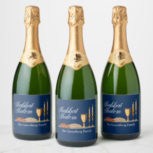 Shabbat Shalom Custom Blue Sabbath Dinner Sparkling Wine Label
