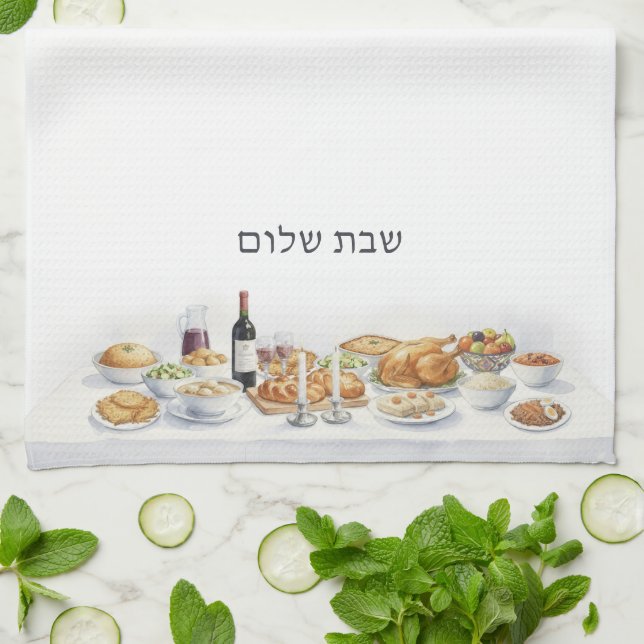 Shabbat Shalom Friday Night Dinner Jewish Food Kitchen Towel (Folded)