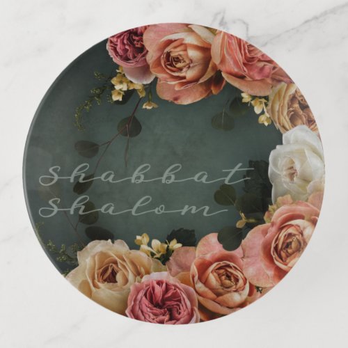 Shabbat Shalom Greeting Vintage Roses Judaica Trinket Tray