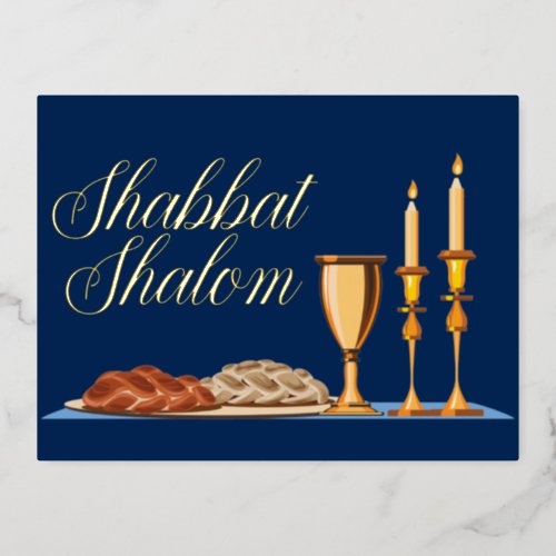 Shabbat Shalom Jewish Dinner Navy Blue Gold Foil Holiday Postcard