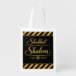 Shabbat Shalom Jewish Judaica Gold Black Luxury Grocery Bag