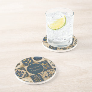 Shabbat Shalom Kitchen Coaster, Navy Blue Gold Jew Coaster