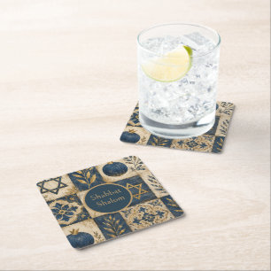 Shabbat Shalom Kitchen Coaster, Navy Blue Gold  Square Paper Coaster