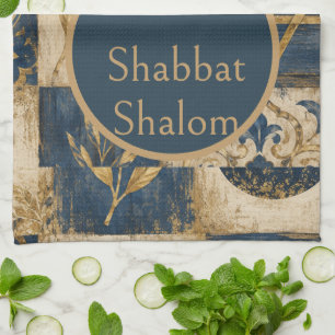 Shabbat Shalom Kitchen Towel, Navy Blue Gold Jews Towel