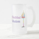 Shabbat Shalom Menorah frosted mug<br><div class="desc">Two very colorful,  fun menorahs,  one sporting a Shin and the other "Shabbat Shalom" in English and Hebrew - and an equally colorful Star of David adorn this frosted mug just in time for Shabbat.  Enjoy!  ~ karyn</div>