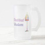 Shabbat Shalom Menorah frosted mug<br><div class="desc">Two very colorful,  fun menorahs,  one sporting a Shin and the other "Shabbat Shalom" in English and Hebrew - and an equally colorful Star of David adorn this frosted mug just in time for Shabbat.  Enjoy!  ~ karyn</div>