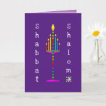 Shabbat Shalom Menorah greeting card<br><div class="desc">This highly colorful and fun menorah is lit and sings out its happy message.  Interior card with date area is bordered and coordinated for your writing pleasure.  Shabbat Shalom!  ~ karyn</div>
