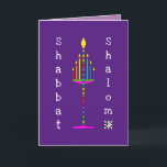 Shabbat Shalom Menorah greeting card<br><div class="desc">This highly colorful and fun menorah is lit and sings out its happy message.  Interior card with date area is bordered and coordinated for your writing pleasure.  Shabbat Shalom!  ~ karyn</div>