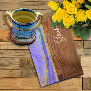 Shabbat Shalom Purple Teal Marble on Wood Effect Kitchen Towel