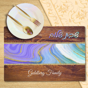 Shabbat Shalom Purple Teal Marble on Wood Effect Placemat