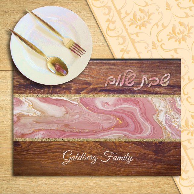 Shabbat Shalom Red Marble on Wood Effect  Cloth Placemat (Creator Uploaded)
