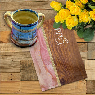 Shabbat Shalom Red Marble on Wood Effect Kitchen Towel