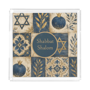 Shabbat Shalom Serving Tray, Navy Blue Gold Judaic Acrylic Tray