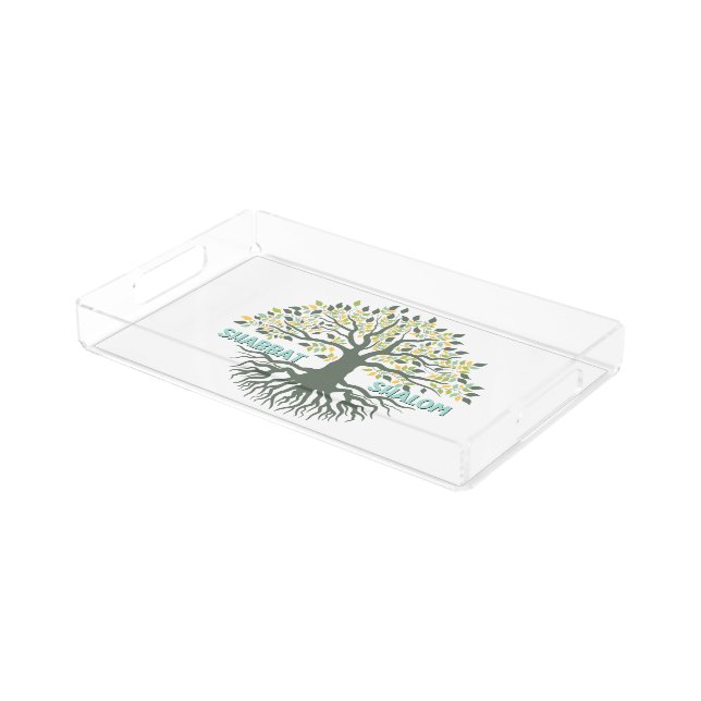 Shabbat Shalom Tree of Life Ez Hachaim Challah Acrylic Tray (Angled)
