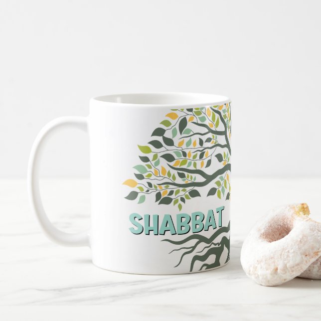 Shabbat Shalom Tree of Life Ez Hachaim Jewish Coffee Mug (With Donut)