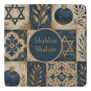 Shabbat Shalom Trivets, Navy Blue Gold Judaica, Trivet