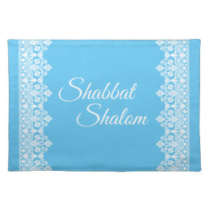 Shabbat Shalom White Lace Edge on Blue Background Cloth Placemat