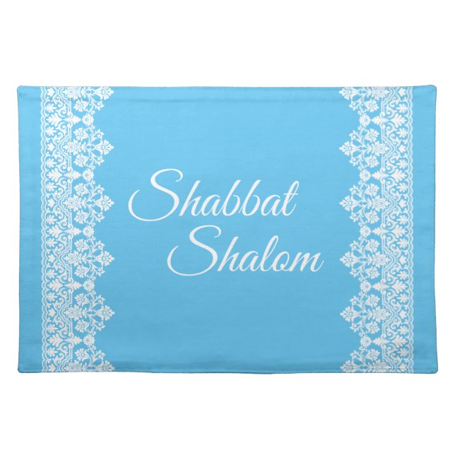 Shabbat Shalom White Lace Edge on Blue Background Cloth Placemat (Front)