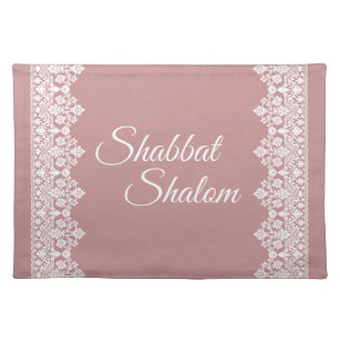 Shabbat Shalom White Lace Edge on Pink Background Cloth Placemat