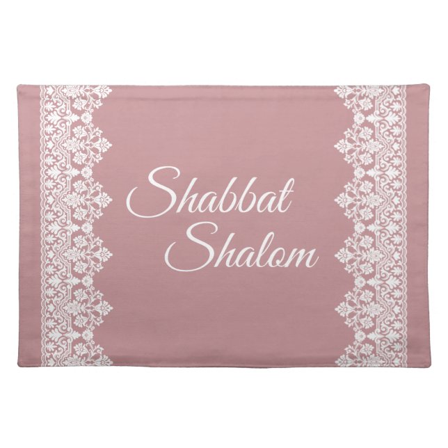 Shabbat Shalom White Lace Edge on Pink Background Cloth Placemat (Front)