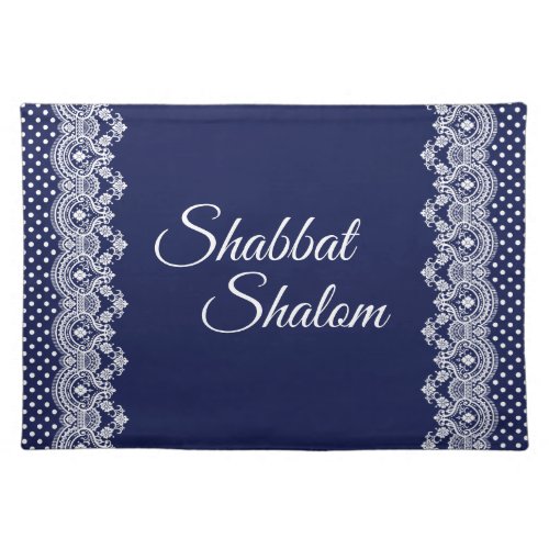 Shabbat Shalom White Lace Edge Polka Dot on Blue Cloth Placemat