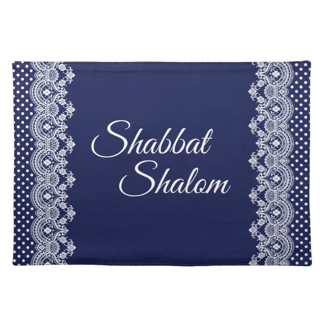 Shabbat Shalom White Lace Edge Polka Dot on Blue Cloth Placemat (Front)