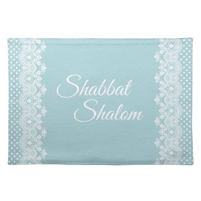 Shabbat Shalom White Lace Edge Polka Dot on Blue Cloth Placemat (Front)