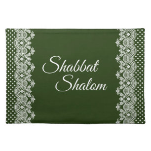 Shabbat Shalom White Lace Edge Polka Dot on Green Cloth Placemat
