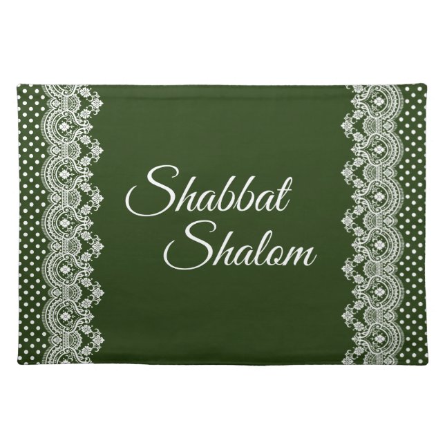 Shabbat Shalom White Lace Edge Polka Dot on Green Cloth Placemat (Front)
