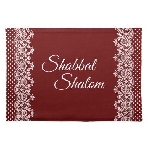 Shabbat Shalom White Lace Edge Polka Dot on Red Cloth Placemat