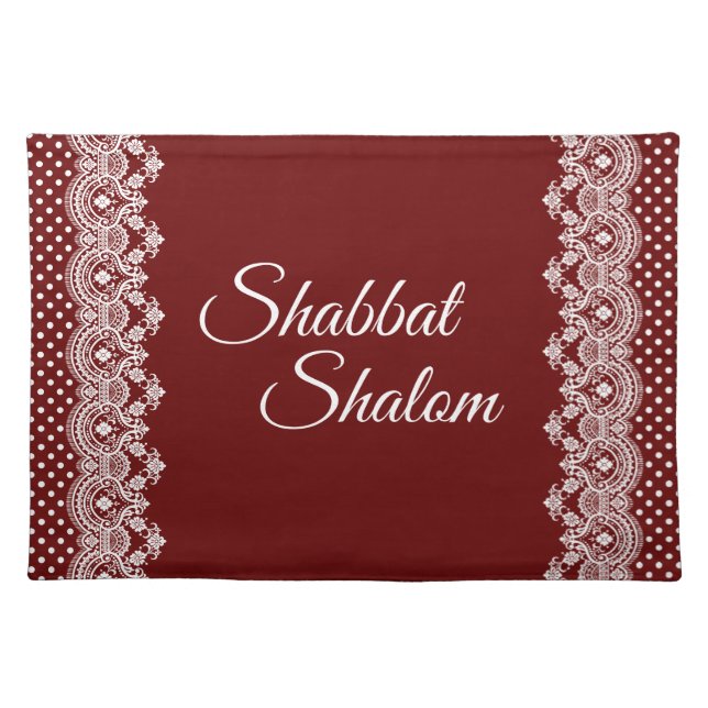 Shabbat Shalom White Lace Edge Polka Dot on Red Cloth Placemat (Front)