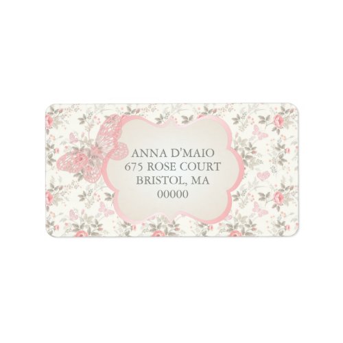 Shabby Antique Pink Roses Damask Butterfly Label