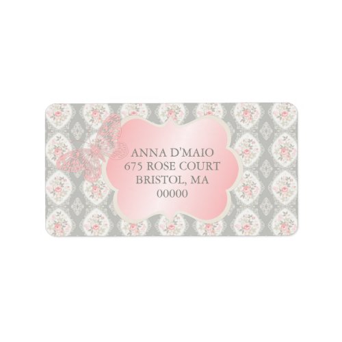 Shabby Antique Pink Roses Damask Butterfly Label