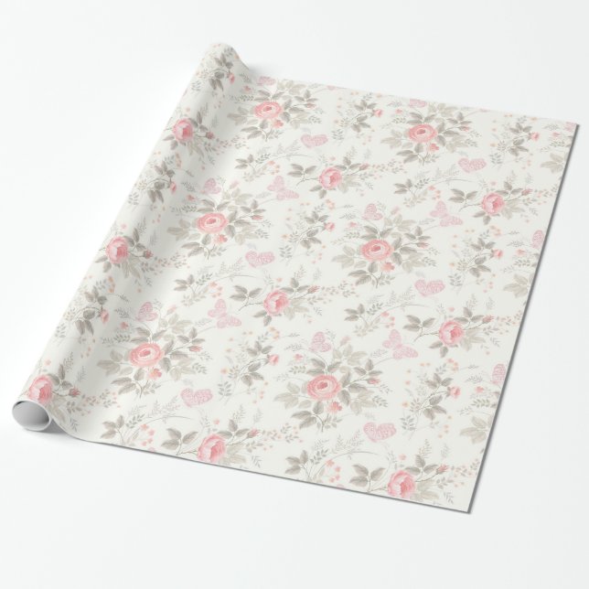 Shabby Antique Pink Roses Ivory Taupe Wrapping Paper (Unrolled)