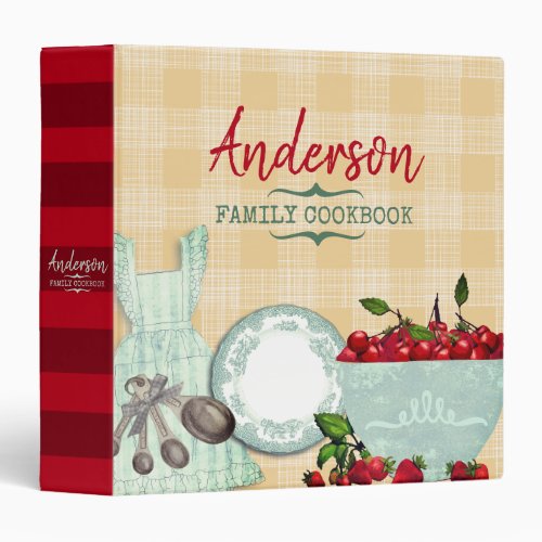 Shabby apron cherries personalized cookbook recipe 3 ring binder