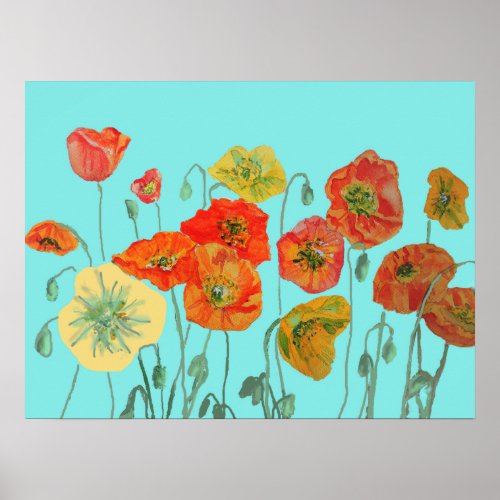 Shabby Aqua Orange Red Watercolor Poppy art Poster