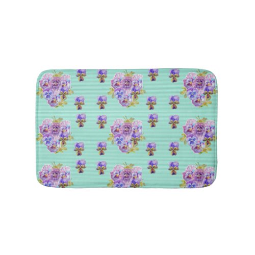 Shabby Aqua Pansy viola floral flowers Bath Mat