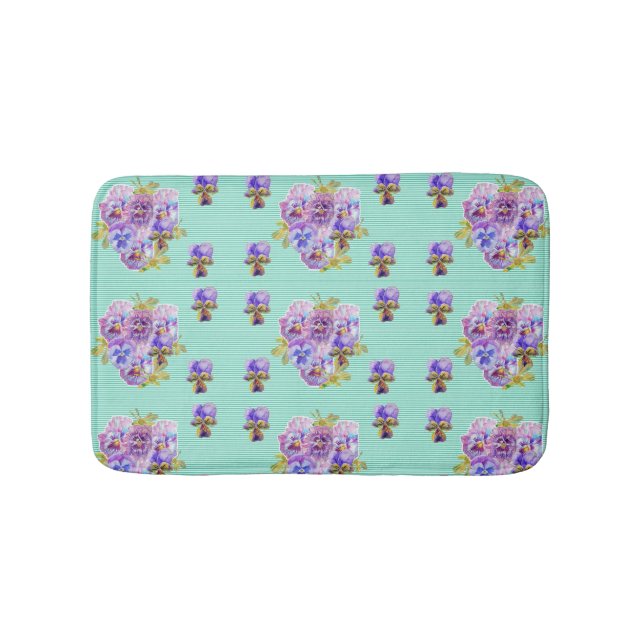 Shabby Aqua Pansy viola floral flowers Bath Mat (Front)