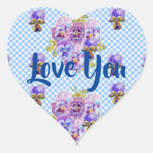 Shabby Baby Blue Gingham flowers floral Love Heart Sticker