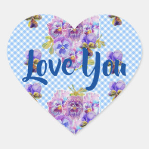 Shabby Baby Blue Gingham flowers floral Love Heart Sticker