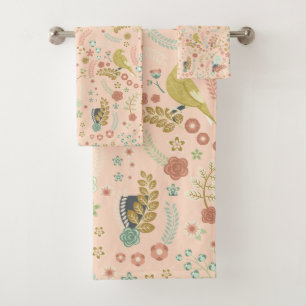Shabby Birds & Branches Pastel Salmon Bath Towel Set