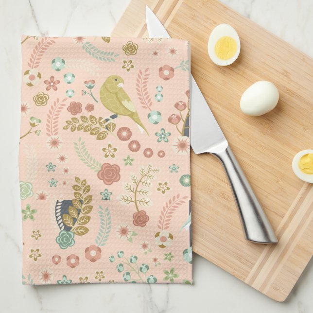 Shabby Birds & Branches Pastel Salmon  Kitchen Towel (Quarter Fold)