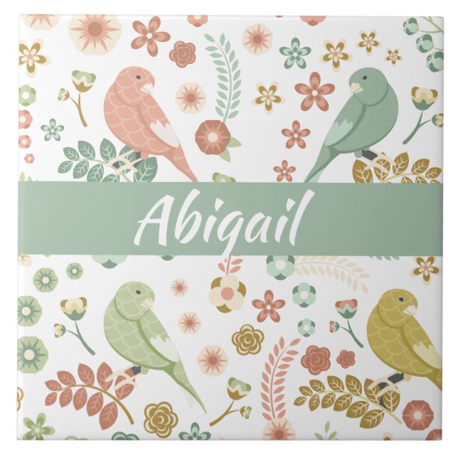 Shabby Birds & Branches Personalized Ceramic Tile (Front)