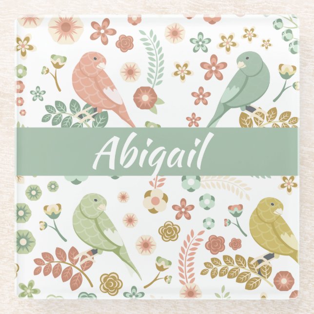 Shabby Birds & Branches Personalized Glass Coaster (Front)