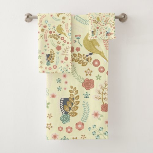 Shabby Birds  Branches Yellow Bath Towel Set