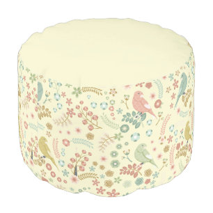 Shabby Birds & Branches Yellow Pouf