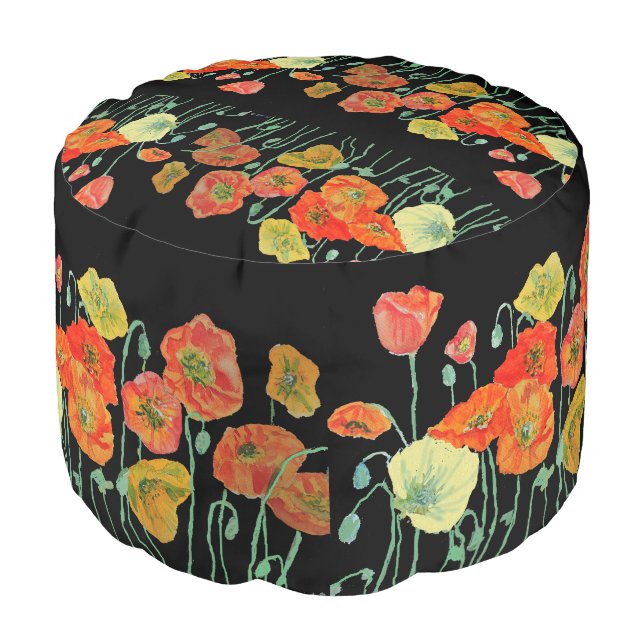 Shabby Black Orange Poppy Floral Flowers Pouffe Pouf (Angled Front)