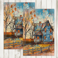 SHABBY BLUE FARMHOUSE IN AUTUMN DECOUPAGE