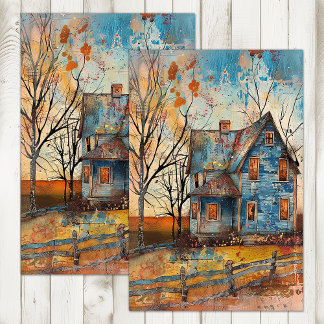SHABBY BLUE FARMHOUSE IN AUTUMN DECOUPAGE TISSUE PAPER
